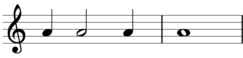 Exemple rythmique pour comprendre la subdivision. Noire, Blanche, Noire, Ronde.